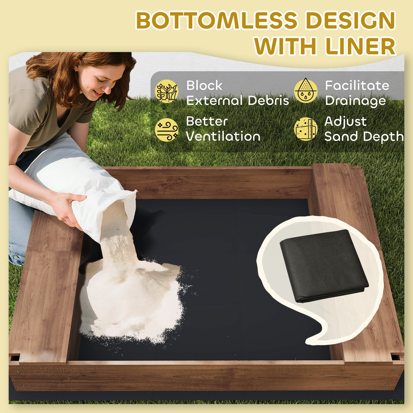 Kids Wooden Sandbox With Canopy Fully Covered, 2 Bench Seats, Bottom Liner, 56 X 40 X 52, Brown