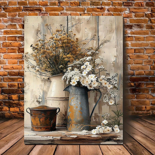 1 Piece Framed Wooden Canvas Painting, Rustic Wood Frame Canvas Art - Cream Yellow Wood Grain With White Jasmine Flowers With Rust Colored Watering Can, Suitable For Living Room Or Bedroom Decoration