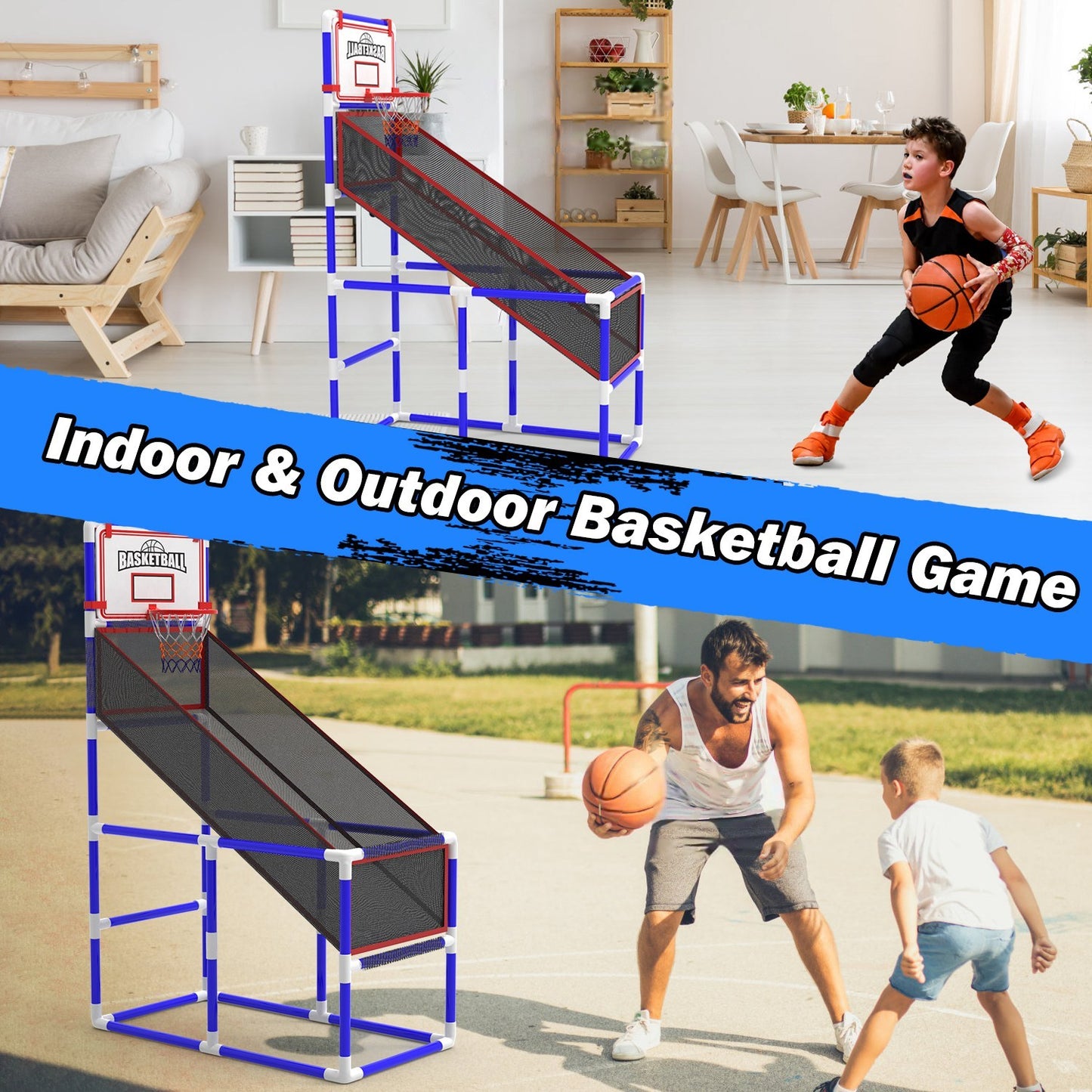 1Set Kids Basketball Game Set With 2 Balls Adjustable Height Basketball Hoop Arcade Game Indoor Outdoor Toys For Boys Girls Aged 3 To 12