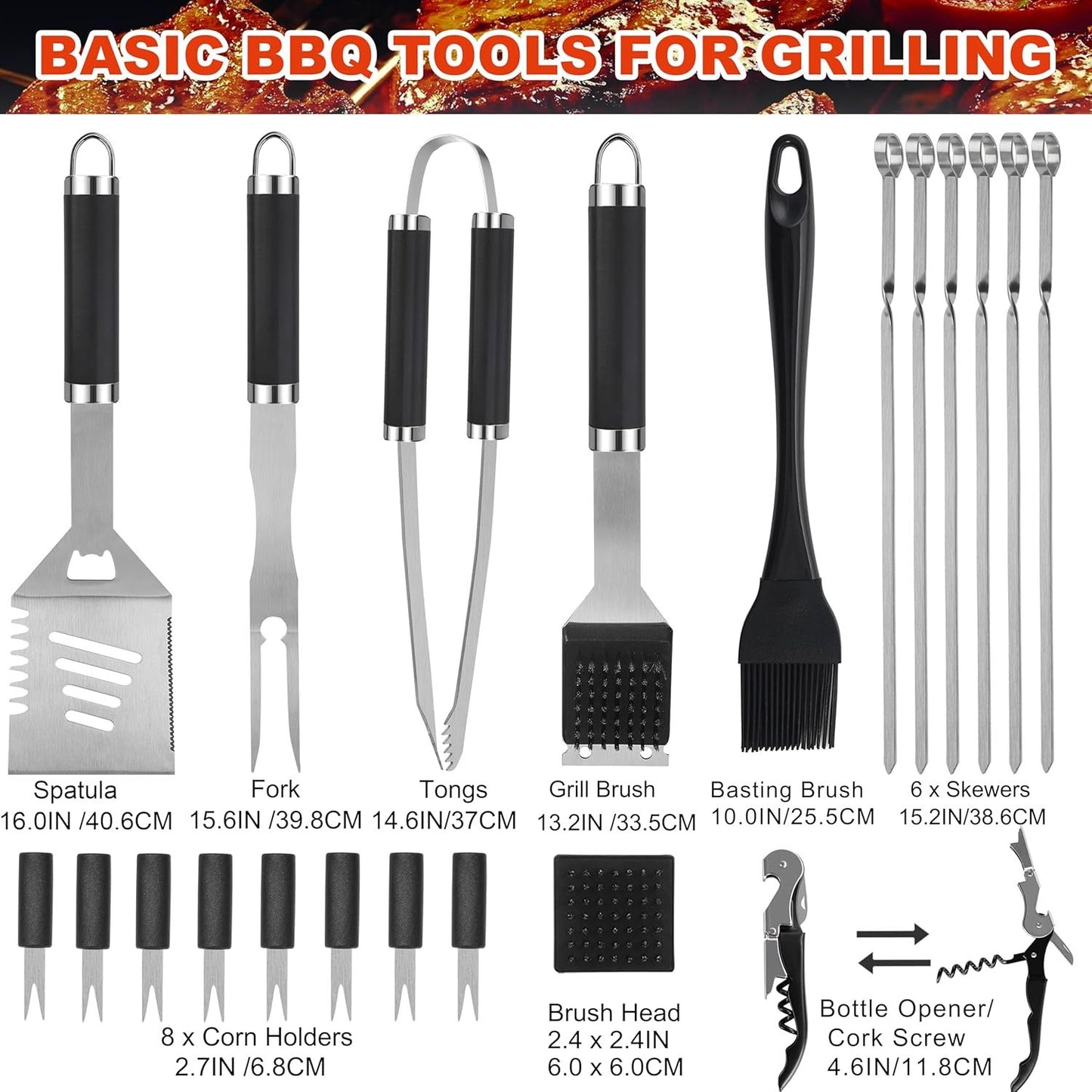 Grilljoy BBQ Accessories Grill Tools Set - 22PCS Stainless Steel Barbecue Grill Accessories For Outdoor Grill With Black Aluminum Case - Grilling Gifts For Men Dad -Grill Tools Kit