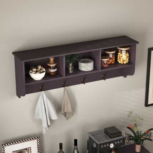 Espresso Entryway Wall Mounted Coat Rack With 4 Dual Hooks Living Room Wooden Storage Shelf