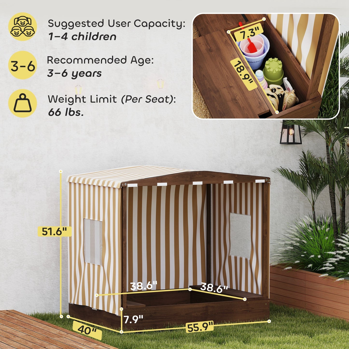 Kids Wooden Sandbox With Canopy Fully Covered, 2 Bench Seats, Bottom Liner, 56 X 40 X 52, Brown