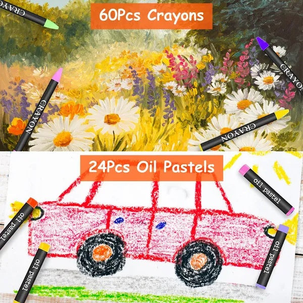 140Pcs Art Supplies With Colored Pencils Oil Pastels Crayons, Watercolor Cakes Brushes Sharpener Eraser In Elegant Wooden Box Professional Art Kit For Kids Adults Beginners Pros