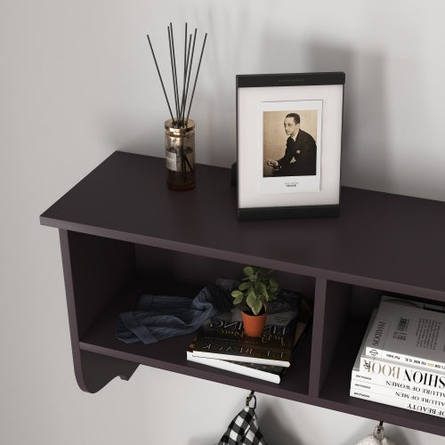 Espresso Entryway Wall Mounted Coat Rack With 4 Dual Hooks Living Room Wooden Storage Shelf