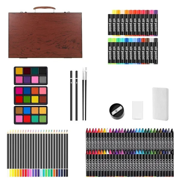 140Pcs Art Supplies With Colored Pencils Oil Pastels Crayons, Watercolor Cakes Brushes Sharpener Eraser In Elegant Wooden Box Professional Art Kit For Kids Adults Beginners Pros