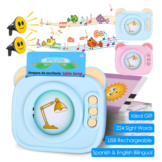 Blue-Pink Color Options -- 1Pc Spanish & English Talking Flash Cards 224 Sight Words Bilingual Flash Cards Rechargeable Card Early Educational Toy For Boys Girls Aged 1 2 3 4 5 6 7 8 Years Old