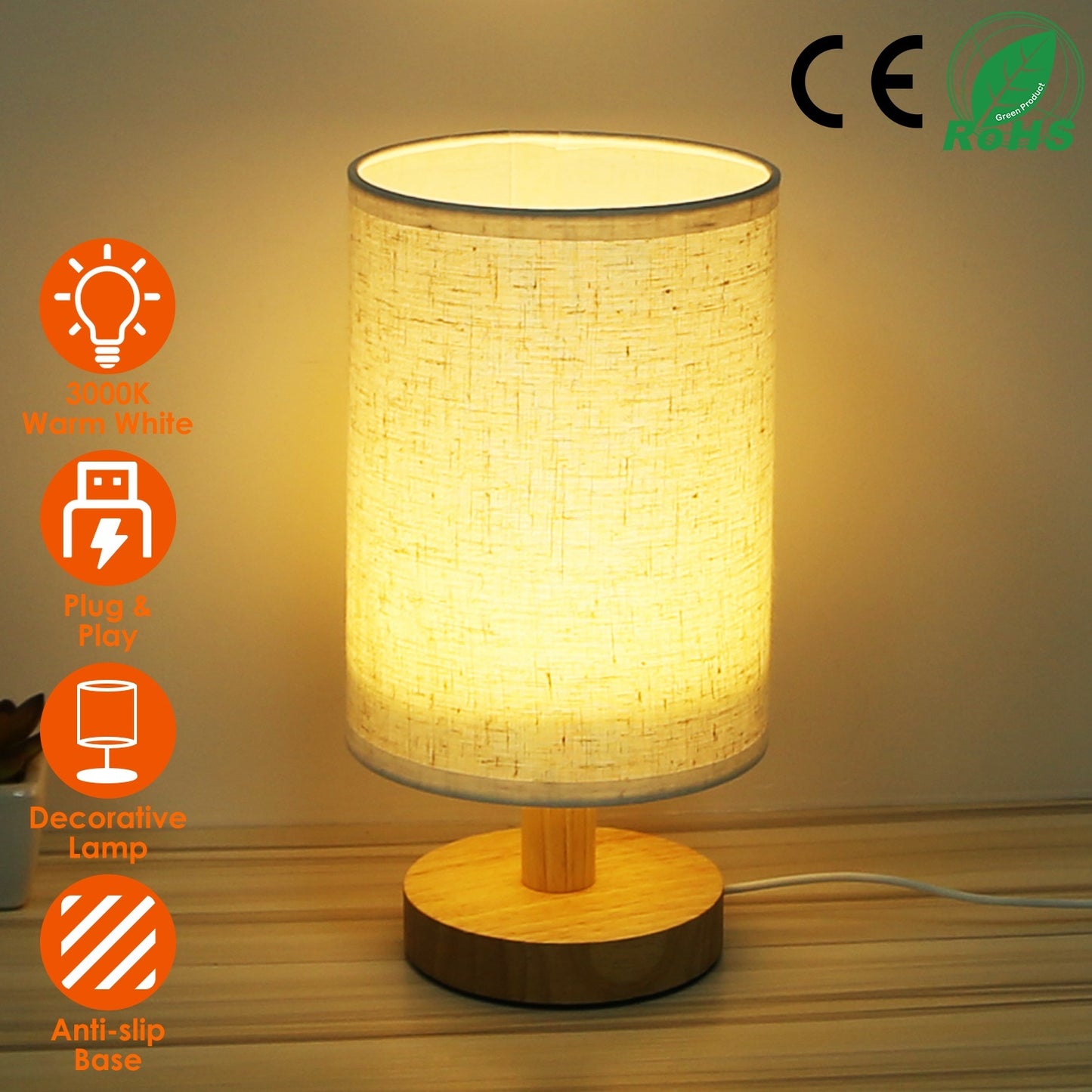 Warm White Bedside Lamp USB Plug Modern Bedroom Lamp