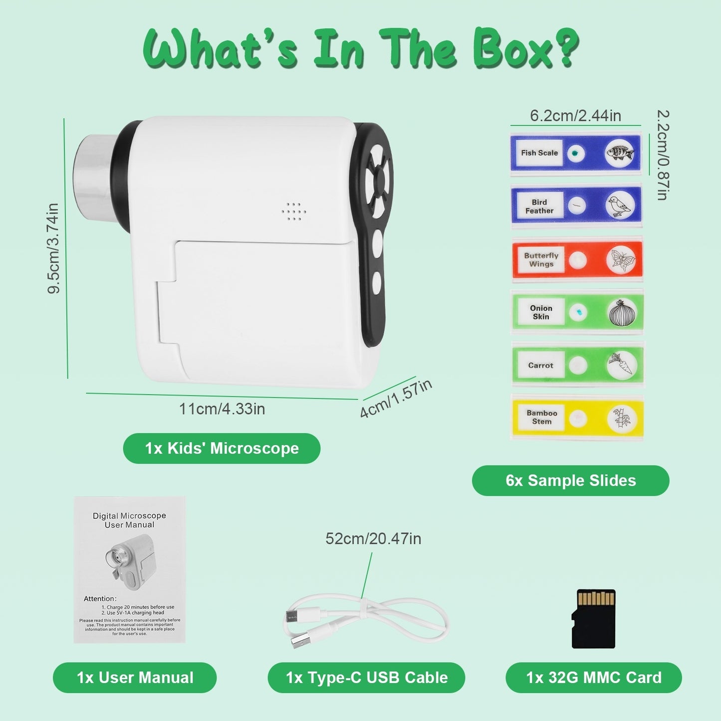 1Pc 3 In 1 Kids Microscope Telescope Camera 1,000X Handheld USB Mini Microscope With LED Light 6 Sample Slides 32G MMC Card For Boys Girls Aged 6 Years Old