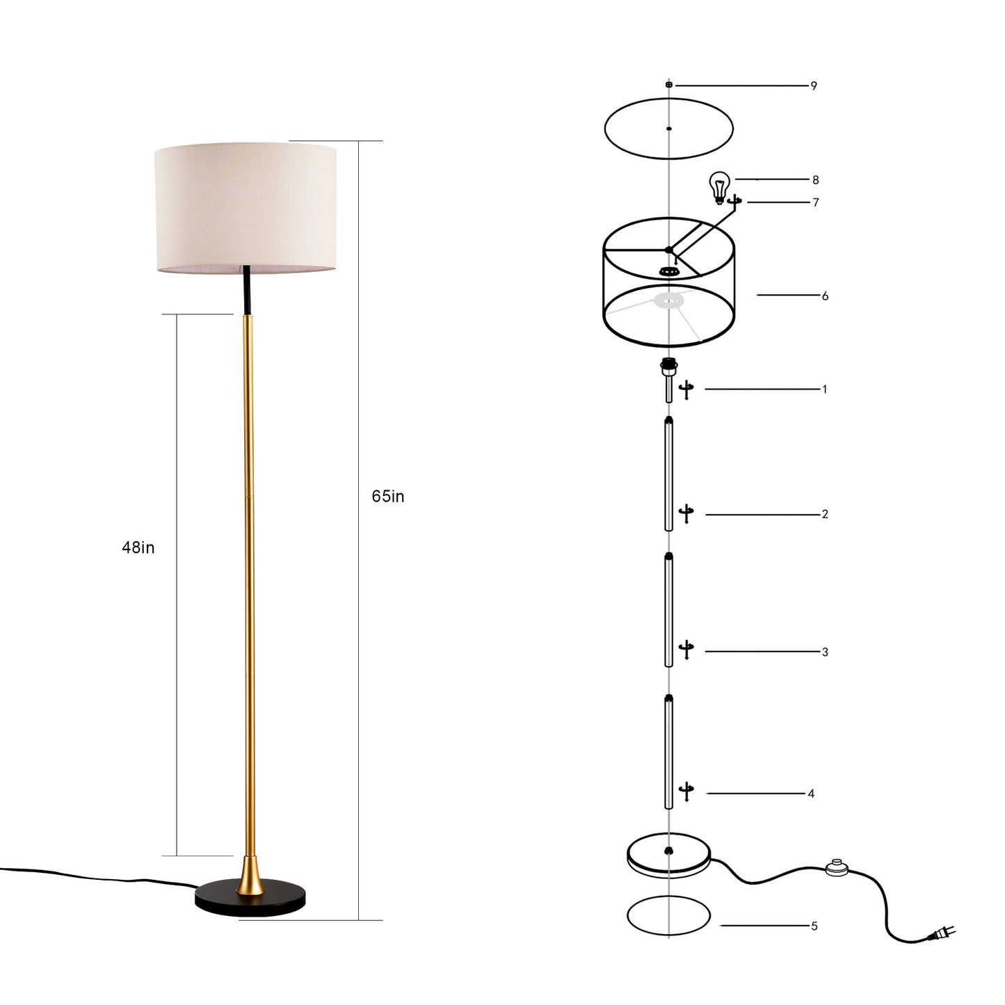 Floor Lamp For Living Room With Beige Lampshade, Standing Lamp Tall Industrial Floor Lamp Reading For Bedroom, Office No Included Bulb -Matte Black Matte Gold