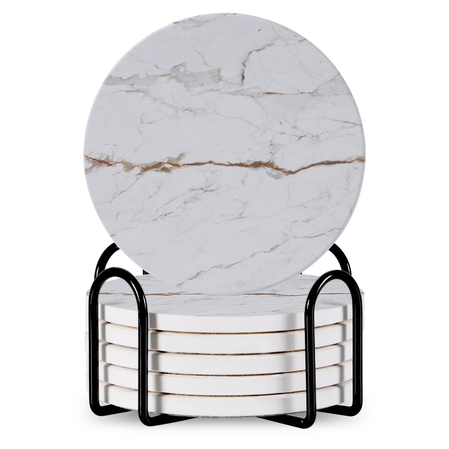 Set Of 6 Beverage Coasters With Stand Round 4in Ceramic Coaster With Metal Stand Absorbent Marble Stone Coaster With Cork Base