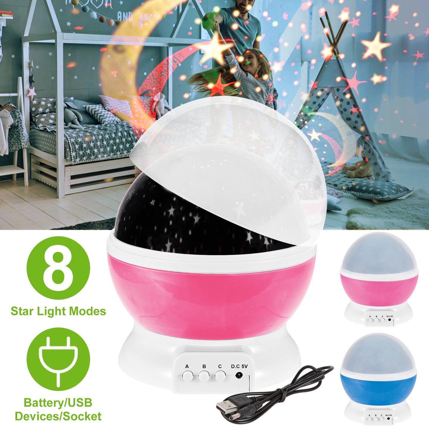 Pink-Blue Options -- 1Pc LED Star Sky Projector Night Light Kids Rotating Starry Night Lamp USB Sleep Light Xmas Gift