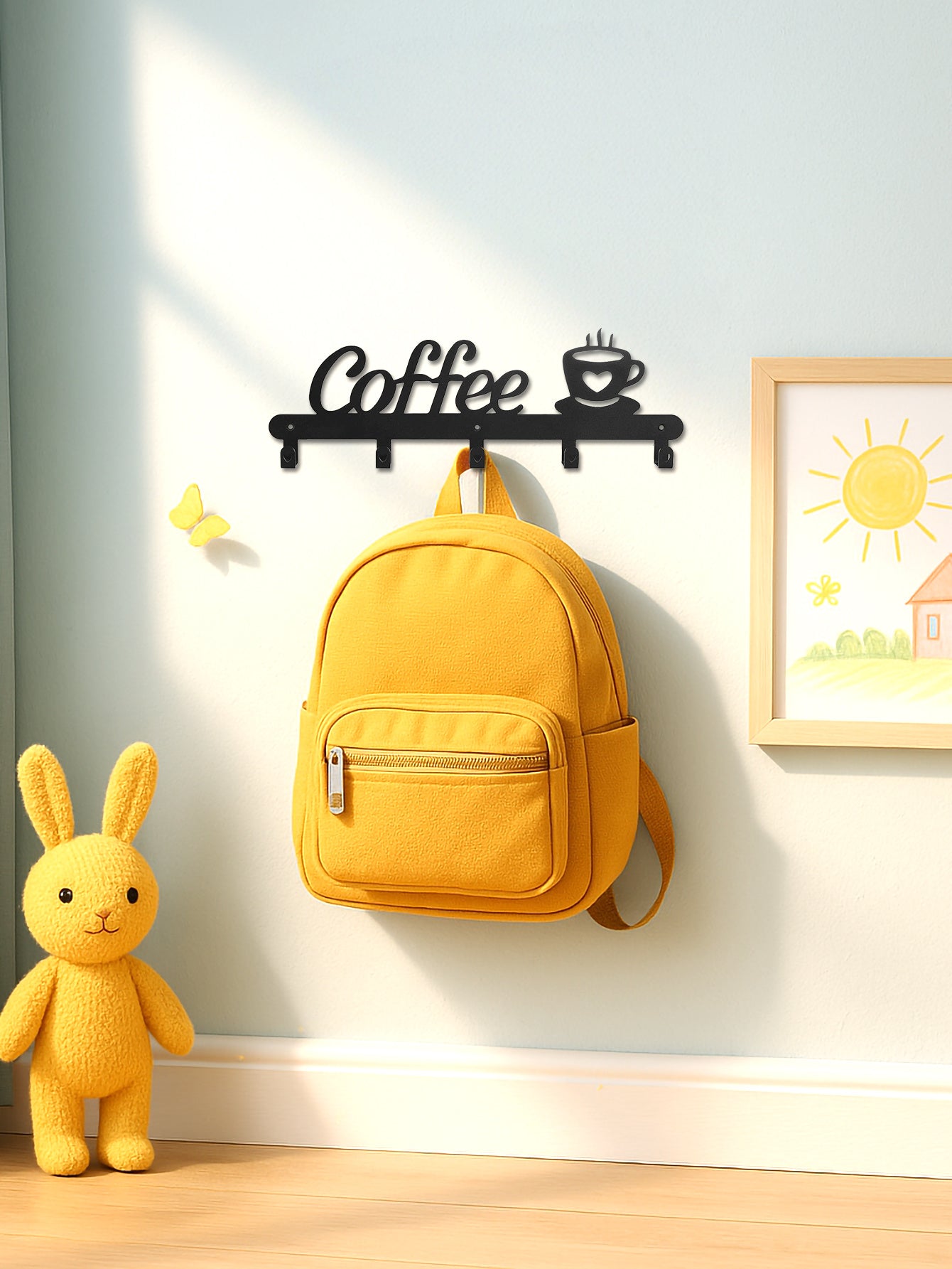 Metal Coffee Mug Holder Rack Wall-Mounted With Hooks For Cups & Coats