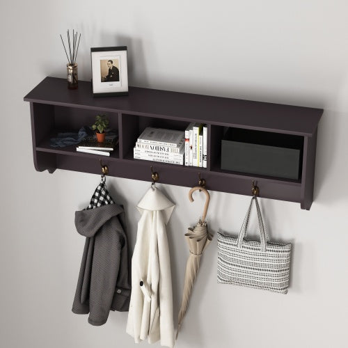 Espresso Entryway Wall Mounted Coat Rack With 4 Dual Hooks Living Room Wooden Storage Shelf