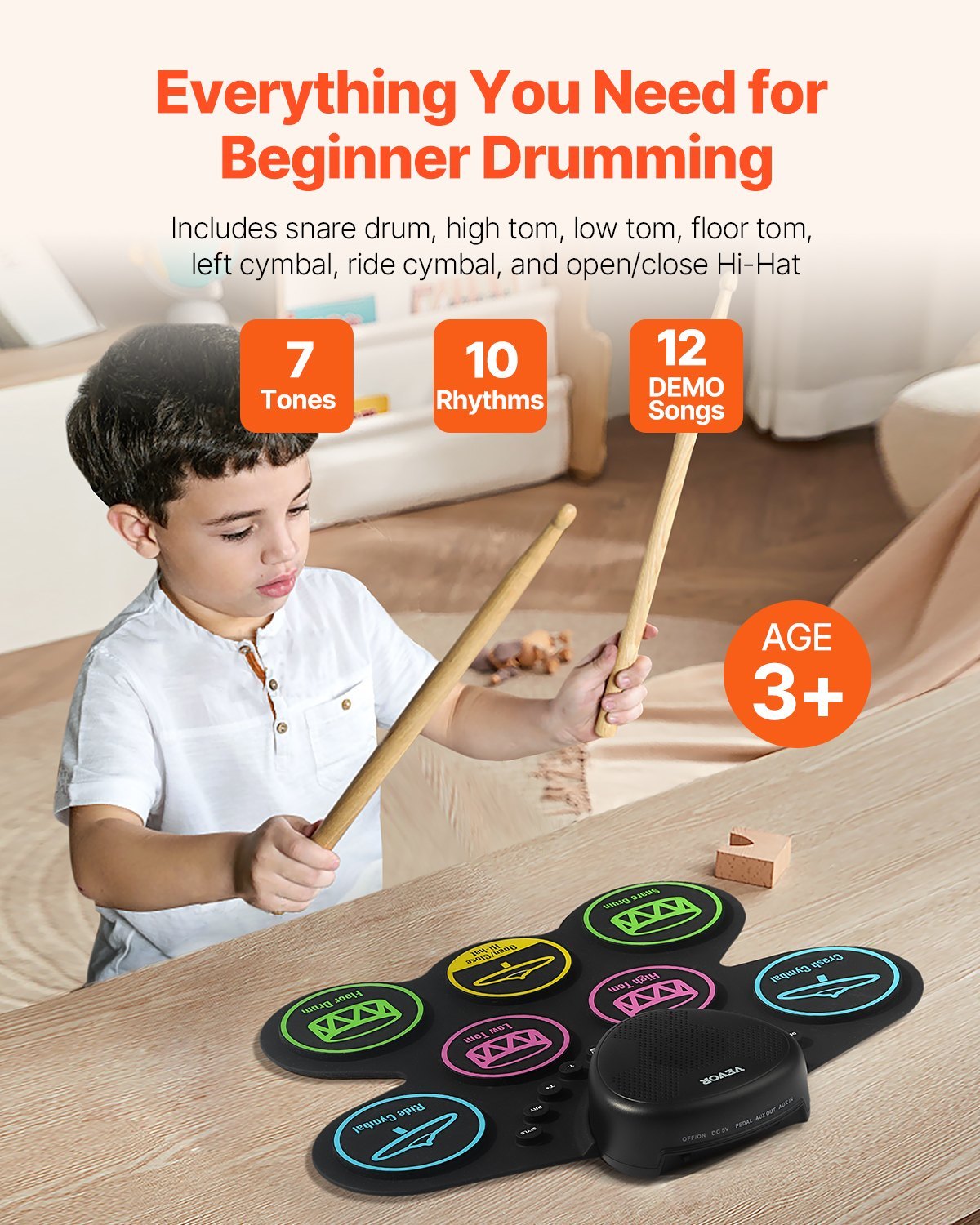 Electric Drum Set 7-Pad With Headphone Jack Pedals Speaker For Beginners & Kids