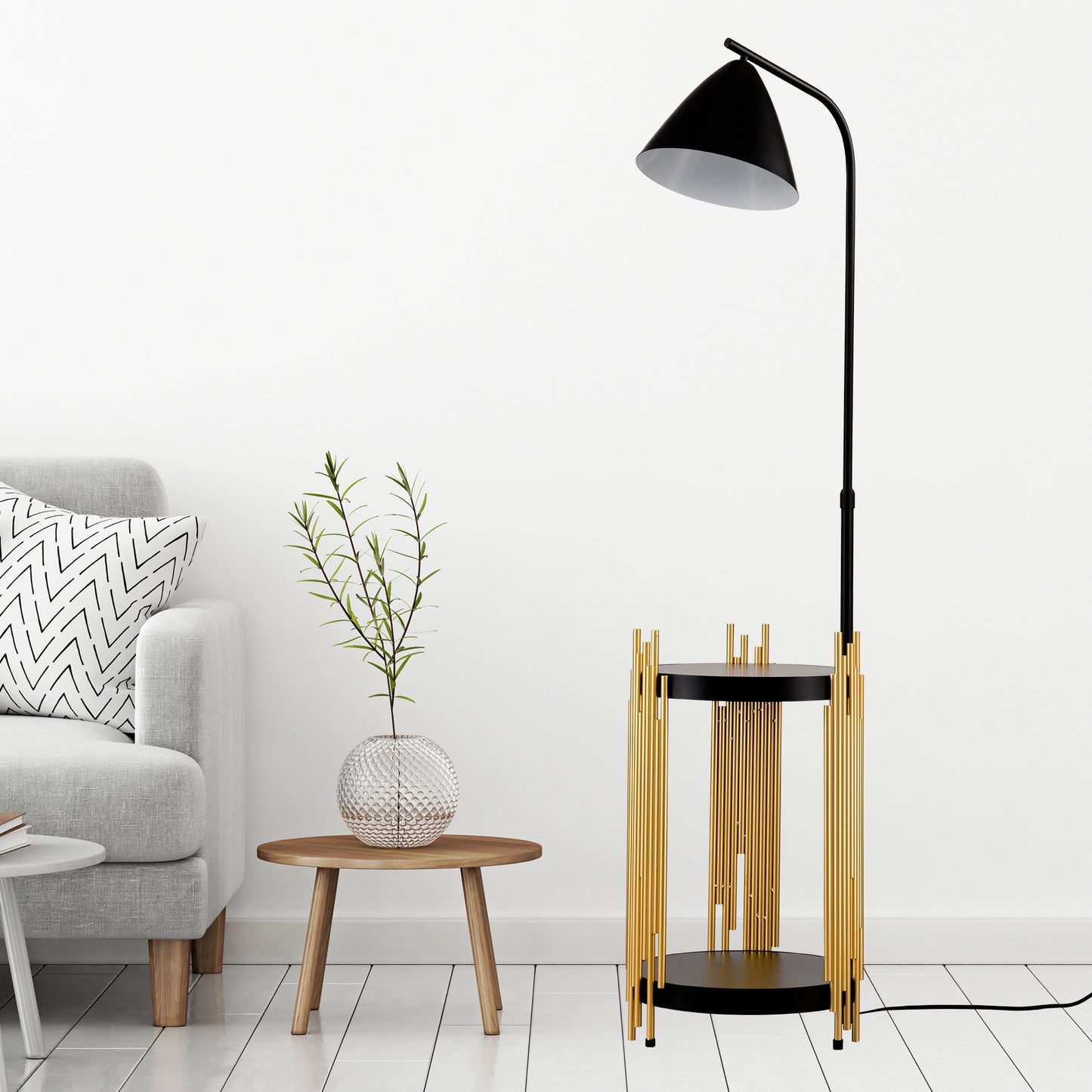 Luxury Shelves Floor Lamp For Living Room With Metal Lampshade, Standing Lamp Tall Industrial Floor Lamp Reading For Bedroom, Office E26 No Included Bulb -Matte Gold Matte Black