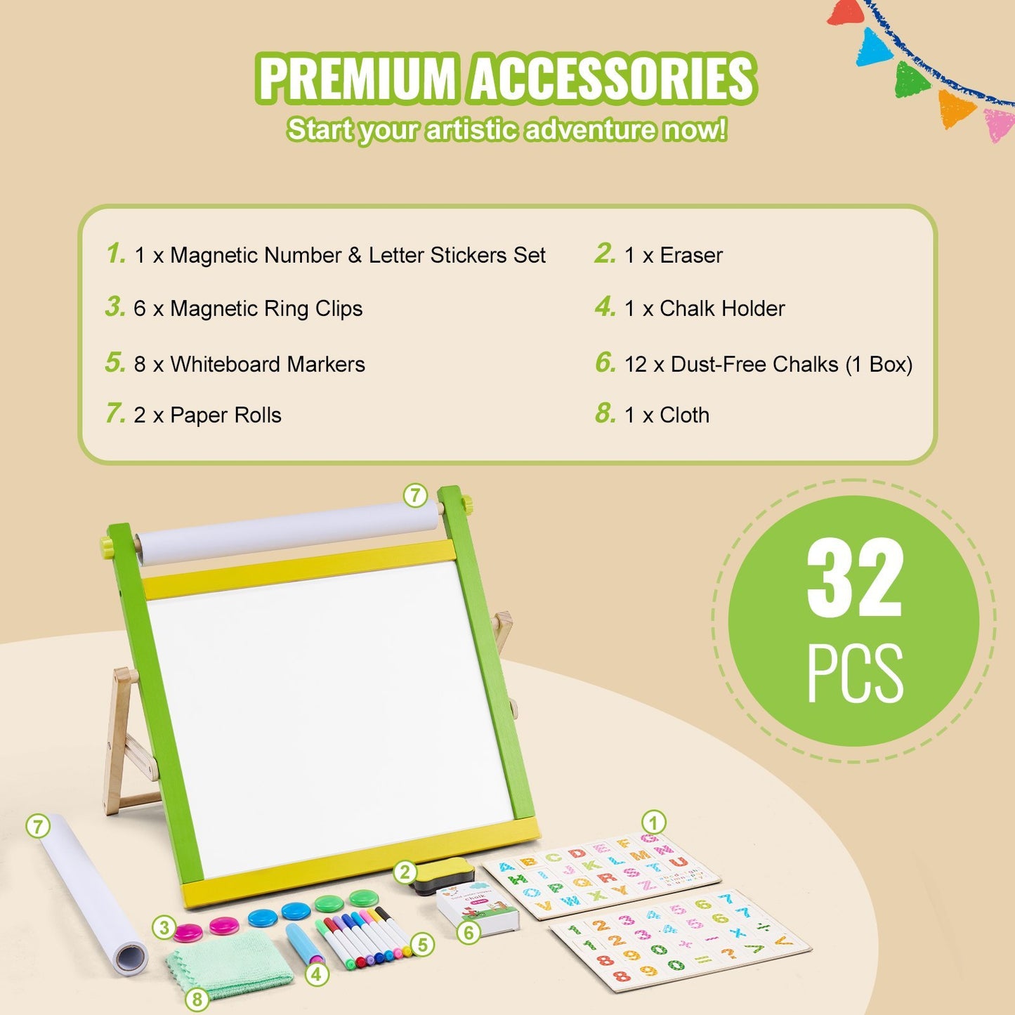 Christmas Gift VEVOR 3-in-1 Tabletop Kids Art Easel Double-Sided Magnetic Whiteboard Chalkboard