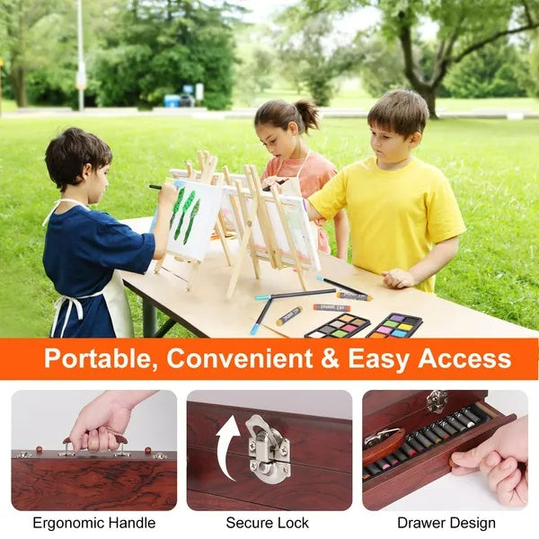 140Pcs Art Supplies With Colored Pencils Oil Pastels Crayons, Watercolor Cakes Brushes Sharpener Eraser In Elegant Wooden Box Professional Art Kit For Kids Adults Beginners Pros