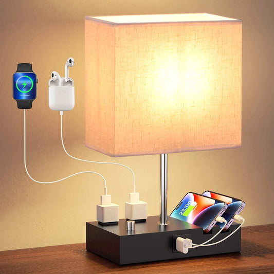 1Pc Fully Dimmable Table Lamp For Bedroom Living Room Bedside Lamp For Nightstand Dual USB Ports 2 Power Outlets LED Bulb Included