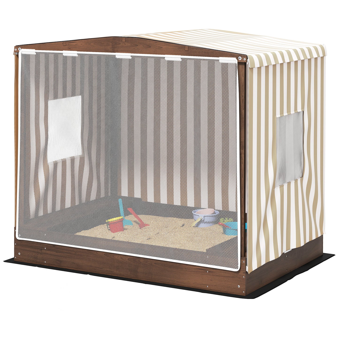 Kids Wooden Sandbox With Canopy Fully Covered, 2 Bench Seats, Bottom Liner, 56 X 40 X 52, Brown
