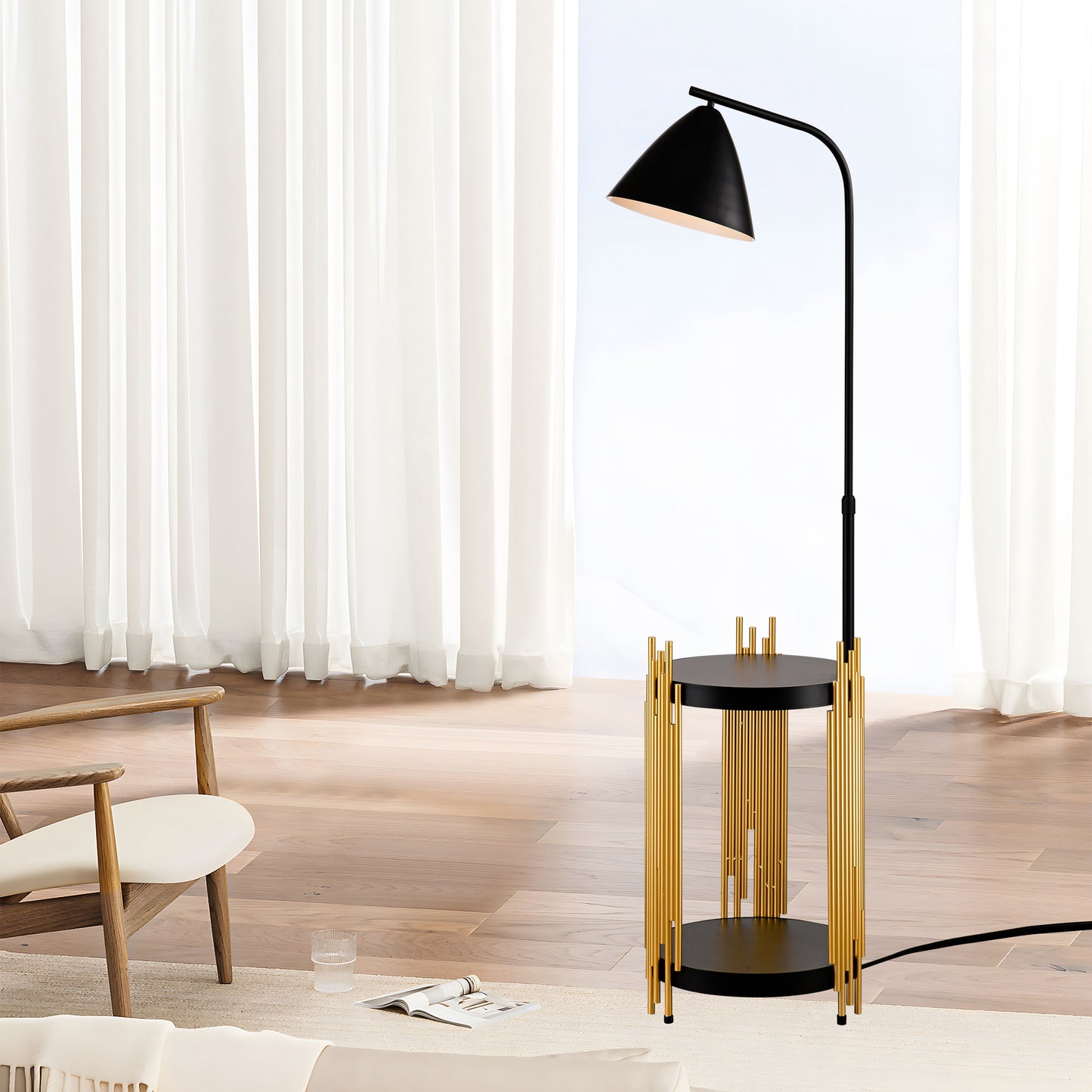 Luxury Shelves Floor Lamp For Living Room With Metal Lampshade, Standing Lamp Tall Industrial Floor Lamp Reading For Bedroom, Office E26 No Included Bulb -Matte Gold Matte Black