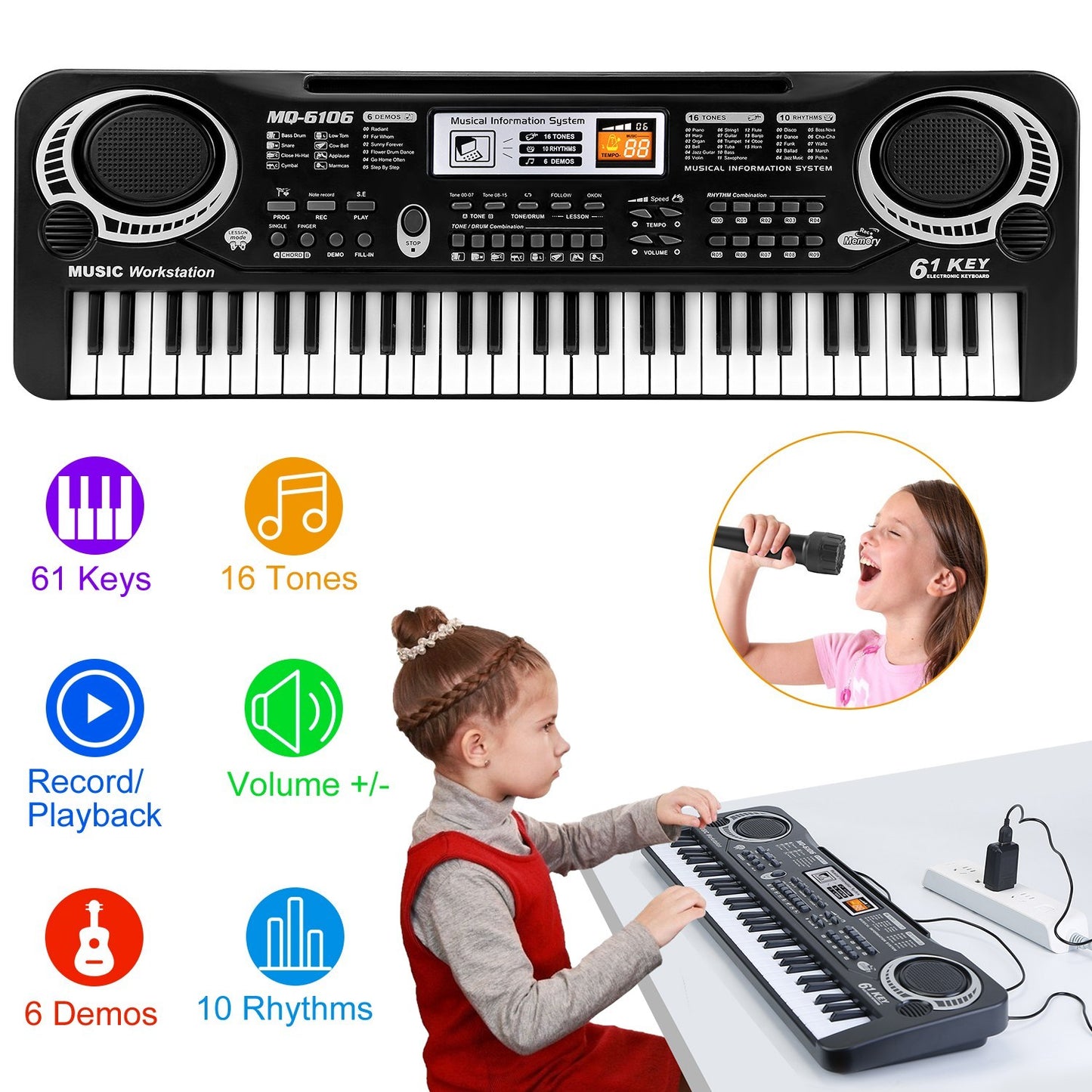 61 Keys Digital Music Electronic Keyboard Electric Piano Musical Instrument Kids Learning Keyboard With Microphone For Beginners Kids Girls Boys Adults
