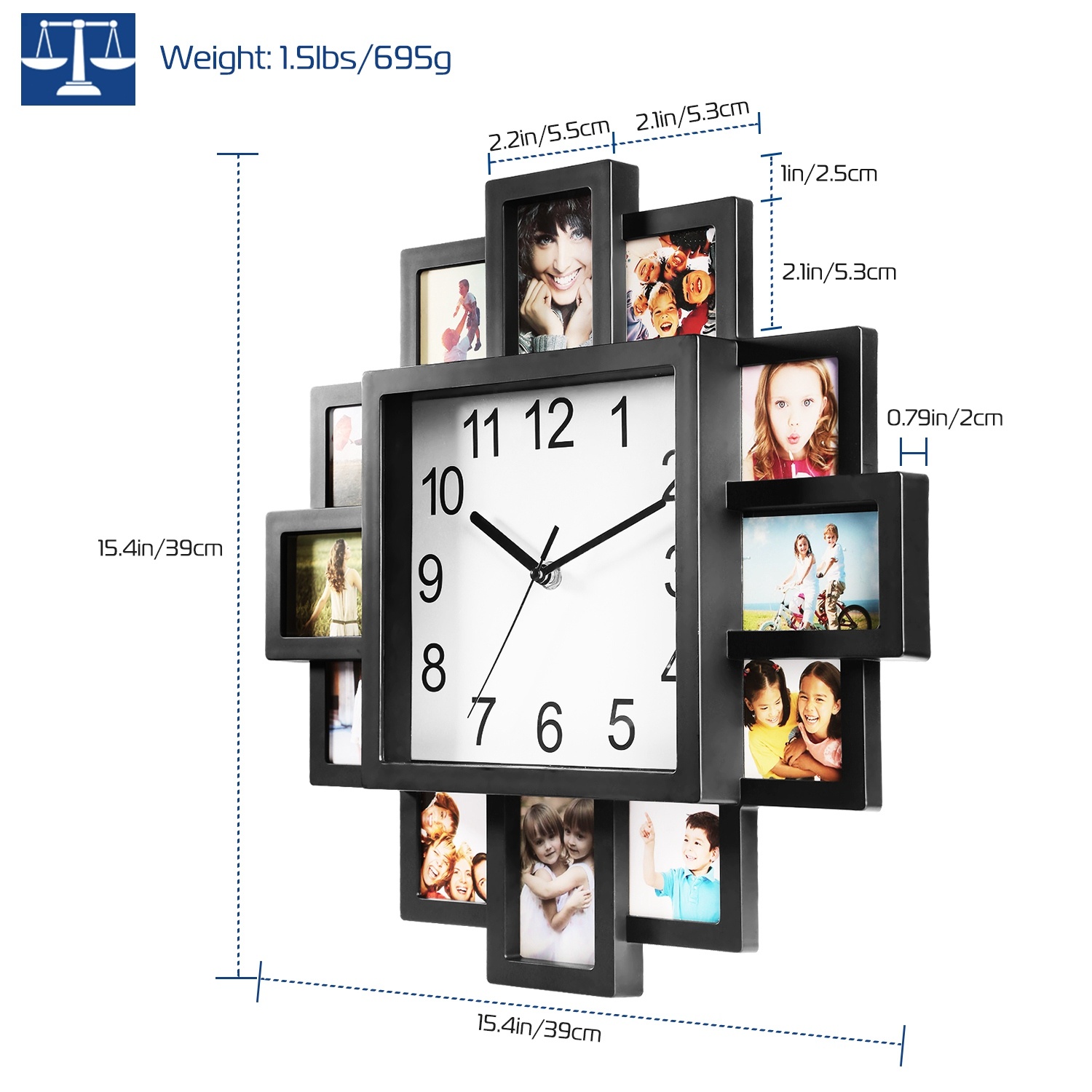 1Pc Photo Frame Clock Picture Collage 12-Picture Display Wall Clock Photowall Wall Hanging Home Decor - Image 2