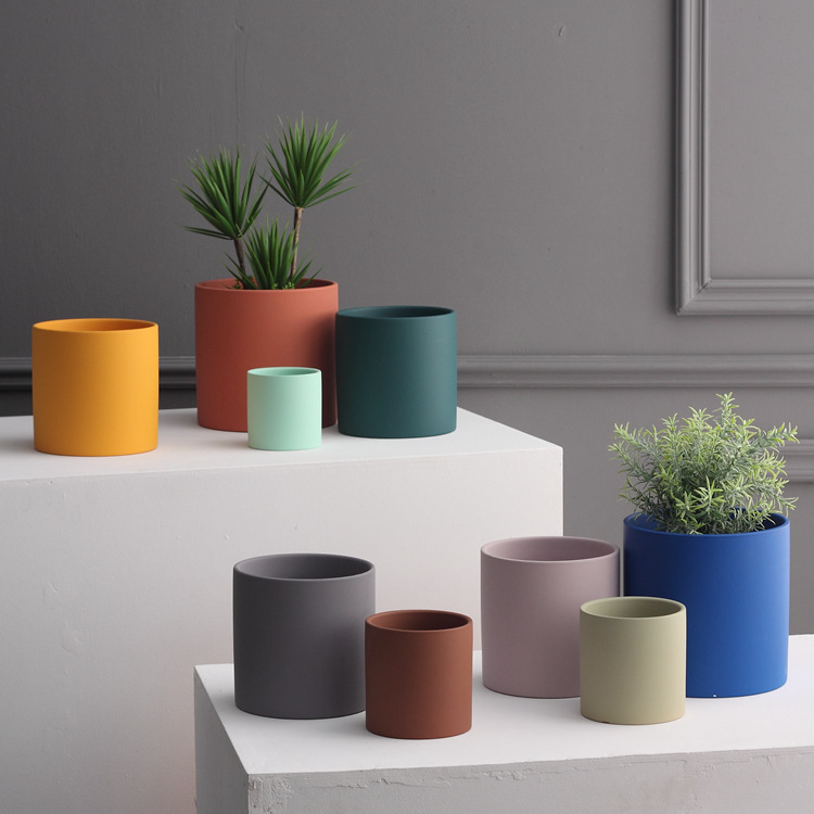 Nordic Industrial Style Colorful Ceramic Flowerpot Succulent Planter Green Plants Cylindrical Shape Flower Pot With Hole Tray - Image 2