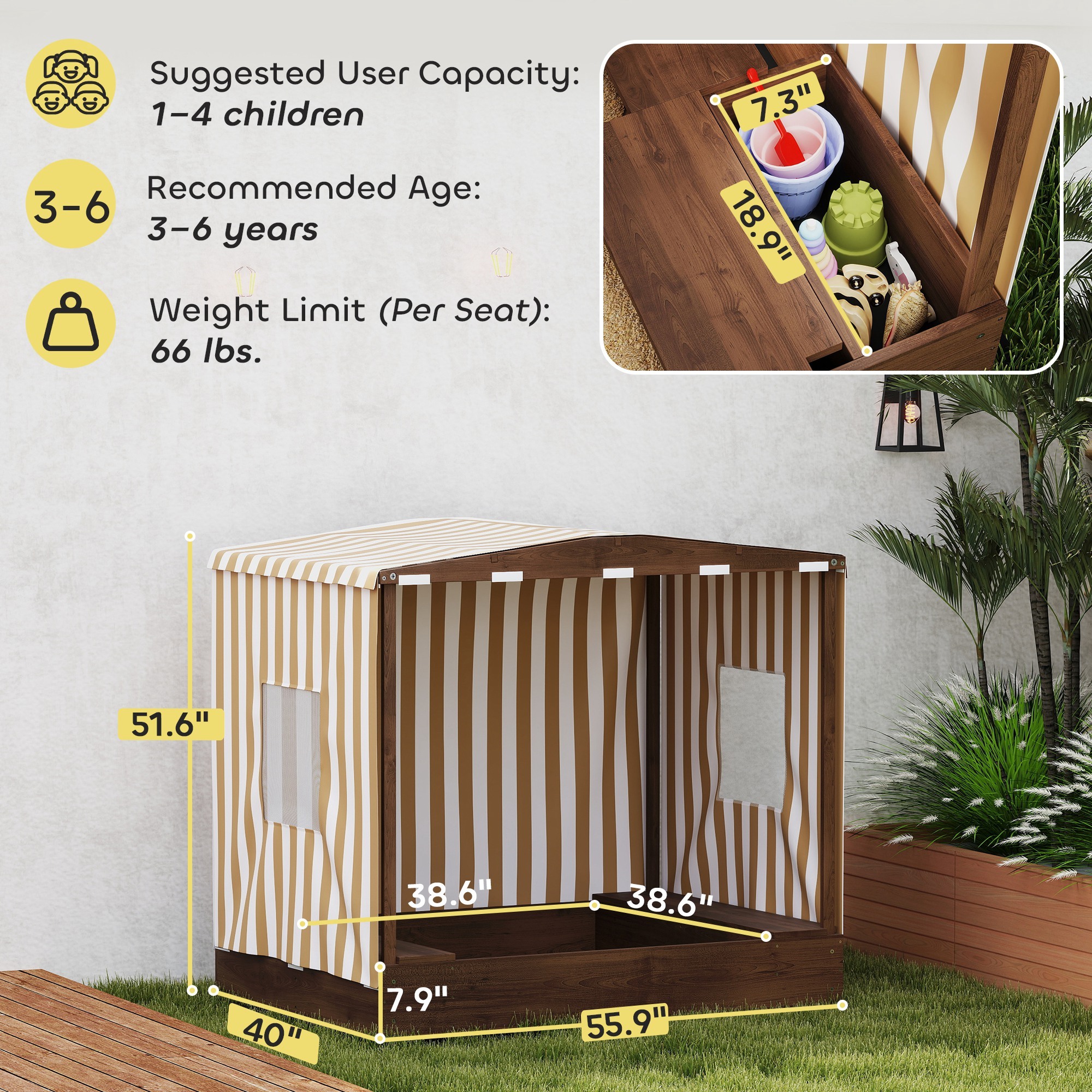 Kids Wooden Sandbox With Canopy Fully Covered, 2 Bench Seats, Bottom Liner, 56 X 40 X 52, Brown - Image 2