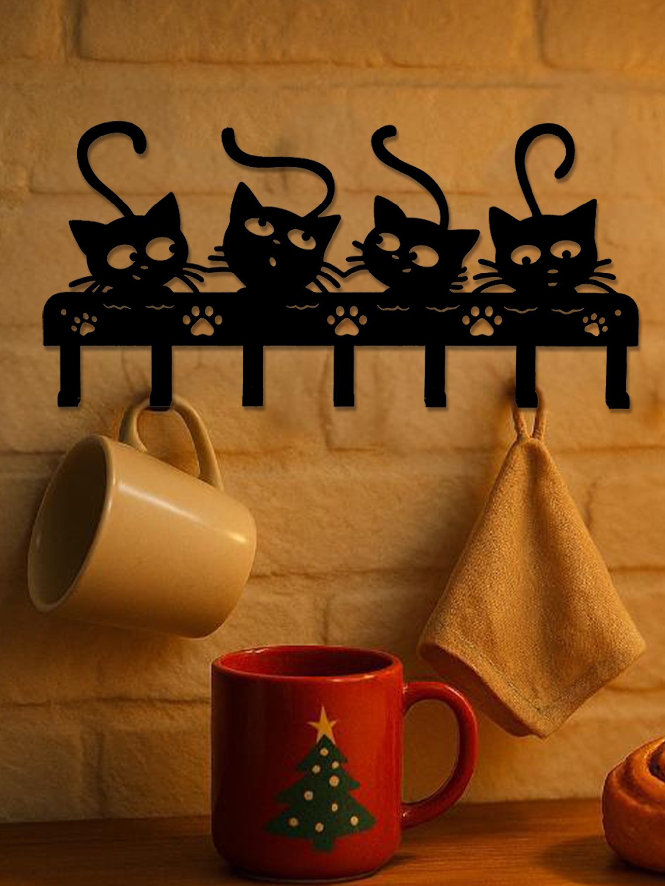 1pc Black Cats Wall Hooks Key Holder W 7 Hooks - Black Iron Wall-Mounted Rack - Image 5