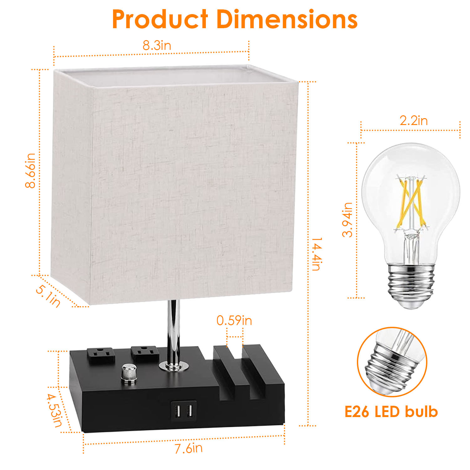 1Pc Fully Dimmable Table Lamp For Bedroom Living Room Bedside Lamp For Nightstand Dual USB Ports 2 Power Outlets LED Bulb Included - Image 7