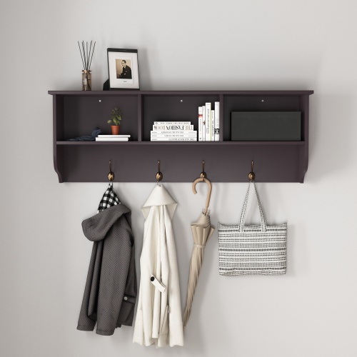 Espresso Entryway Wall Mounted Coat Rack With 4 Dual Hooks Living Room Wooden Storage Shelf