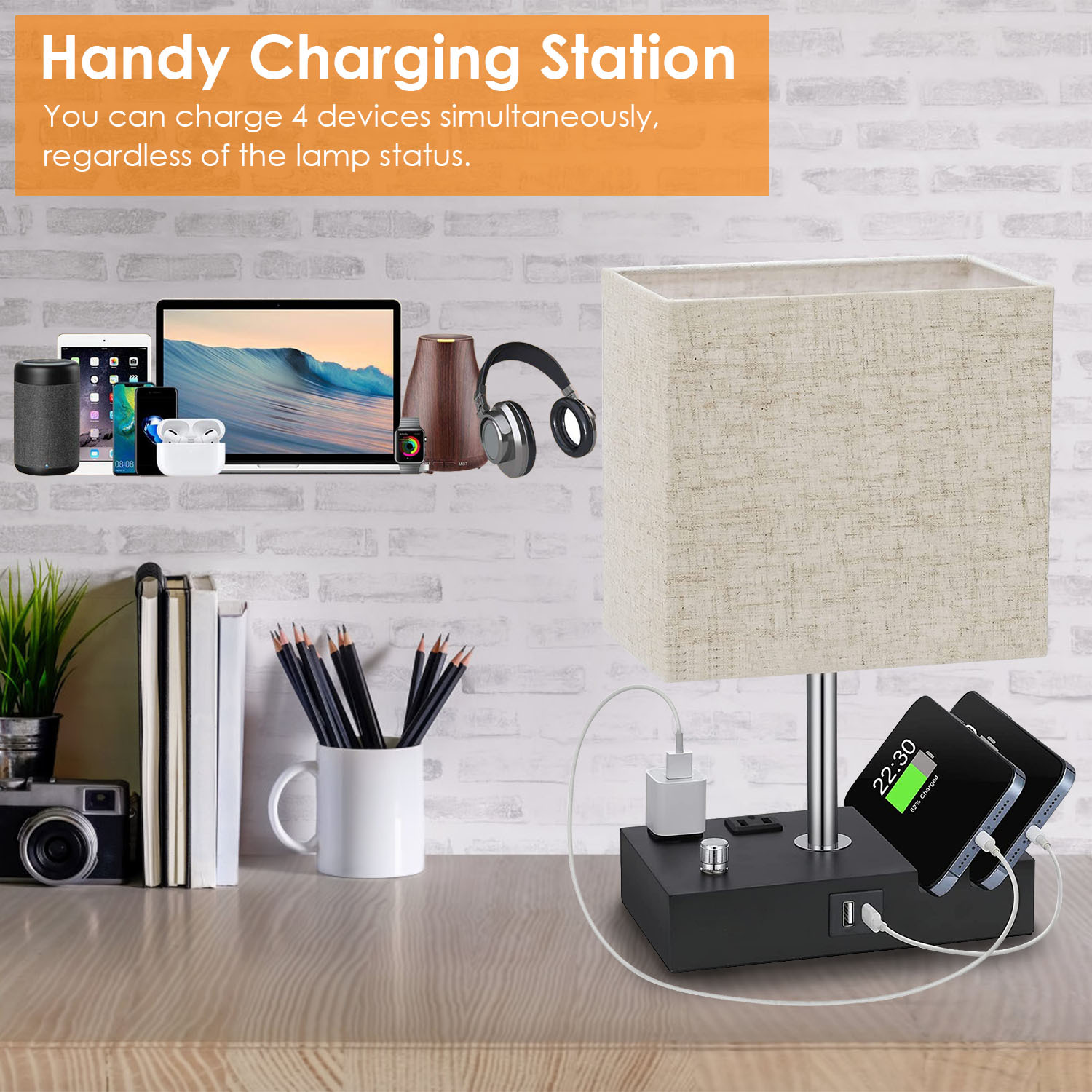 1Pc Fully Dimmable Table Lamp For Bedroom Living Room Bedside Lamp For Nightstand Dual USB Ports 2 Power Outlets LED Bulb Included - Image 6