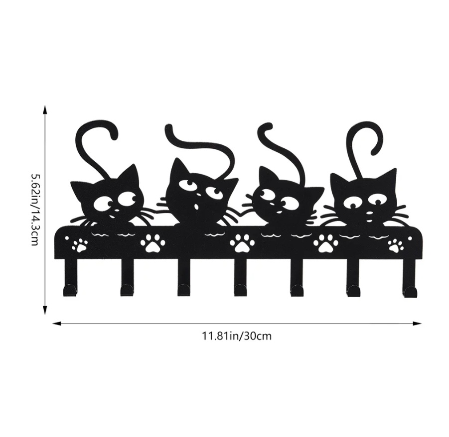 1pc Black Cats Wall Hooks Key Holder W 7 Hooks - Black Iron Wall-Mounted Rack - Image 2