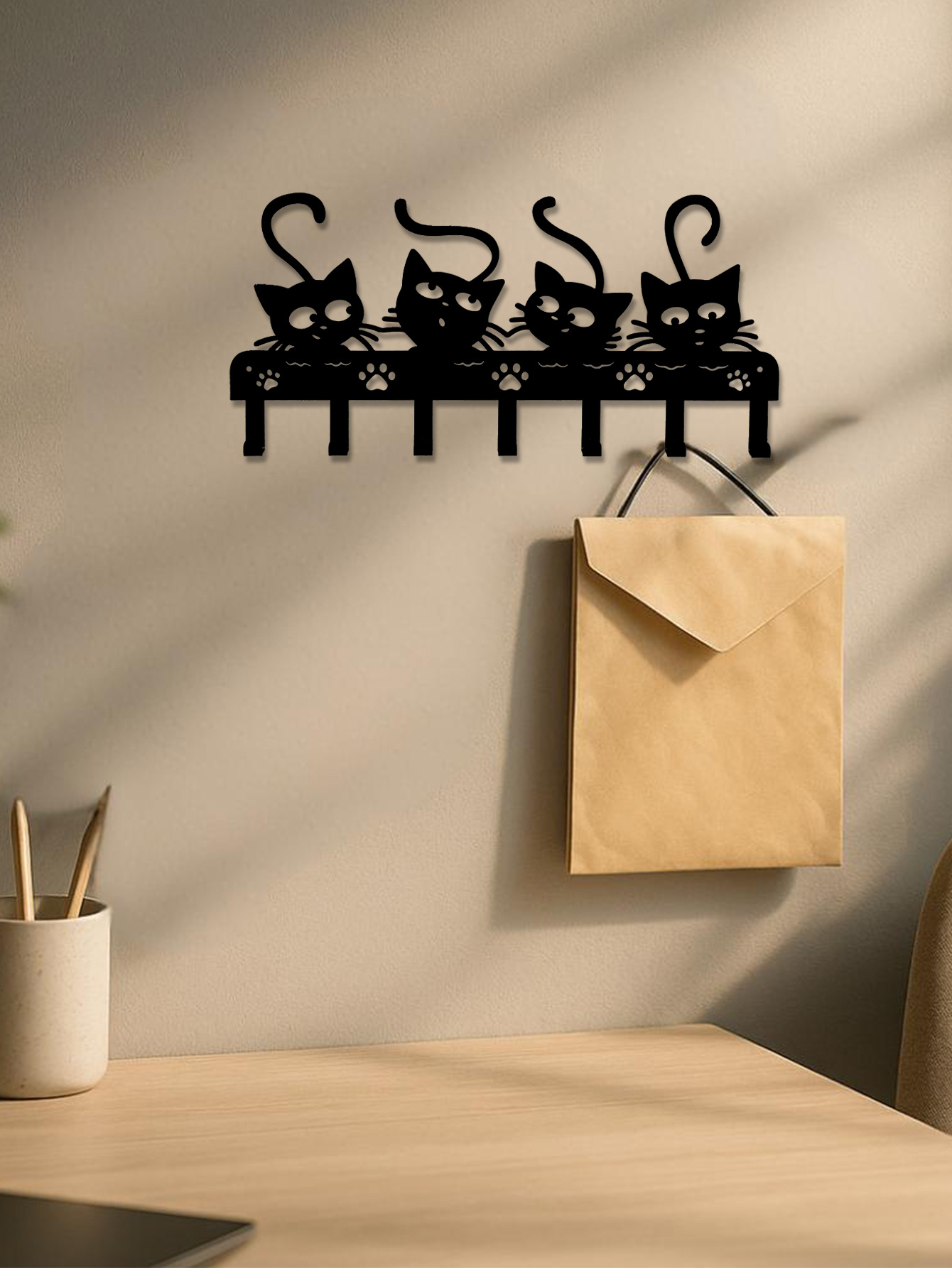 1pc Black Cats Wall Hooks Key Holder W 7 Hooks - Black Iron Wall-Mounted Rack - Image 6